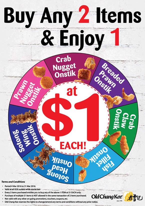 Old Chang Kee $1 Selected Item w/ Any Two Items Purchase 4 – 31 Mar 2016