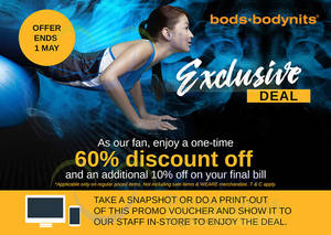 Featured image for Bods.bodynits 60% Off plus 10% off Final Bill Promo 25 Apr – 1 May 2016