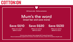 Featured image for Cotton On $10 to $30 Off Storewide Women, Kids, Body, Typo, Rubi & More 24hr Promo on 26 Apr 2016