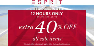 Featured image for (EXPIRED) Esprit 40% Off All Sale Items 12hr Promo till 2359hrs on 24 Apr 2016