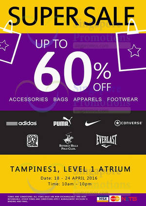 Featured image for (EXPIRED) Super Sale Up to 60% Off @ Tampines 1 from 18 – 24 Apr 2016