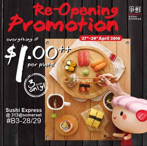 Featured image for (EXPIRED) Sushi Express $1++/plate for Everything at 313Somerset from 27 – 29 Apr 2016