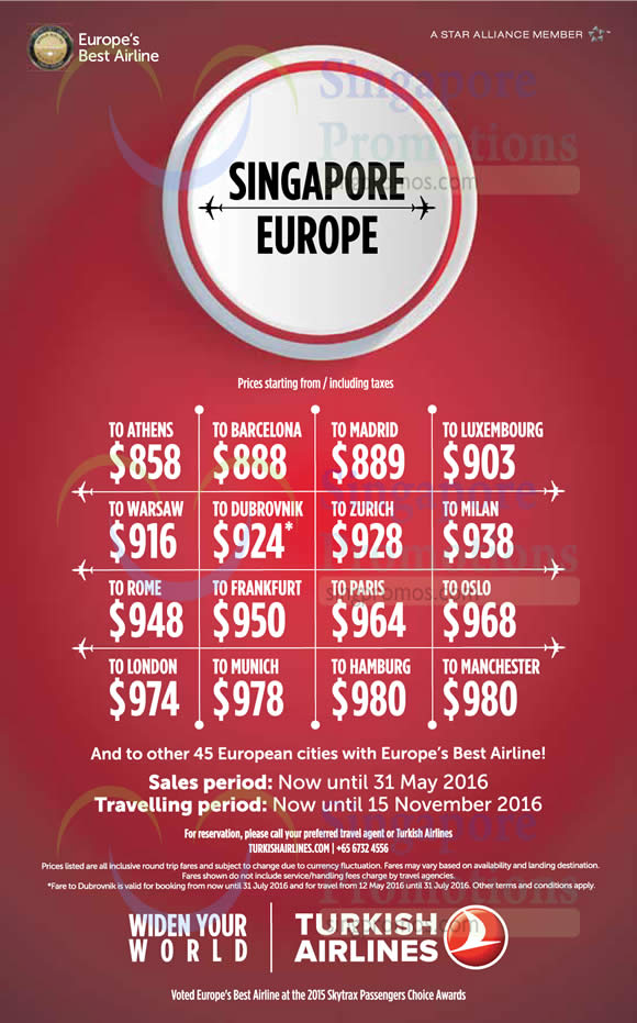 Turkish Airlines fr 858 Europe Promo Fares 11 Apr 31 May 2016