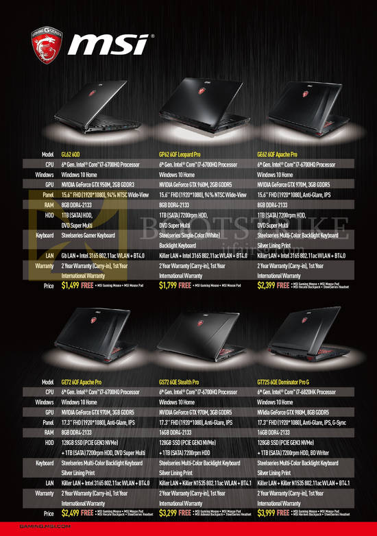 25 May MSI Notebooks GL62 6QD, GP62 6QF Leopard Pro, GE62 6QF Apache Pro, GE72 6QF Apache Pro, GS72 6QE Stealth Pro, GT72S 6QE Dominator Pro G