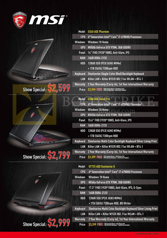 25 May MSI Notebooks GS40 6QE Phantom, GS60 6QE Ghost Pro, GT72S 6QD Dominator G