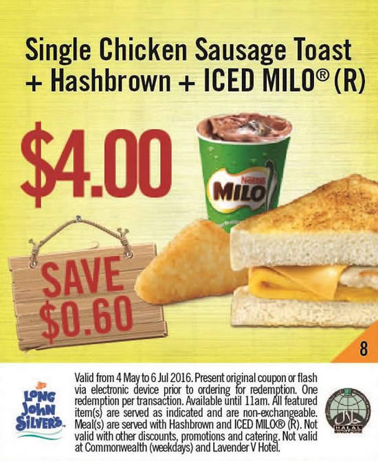 (8) Chicken Sausage Single Toast with Hashbrown and regular Iced Milo