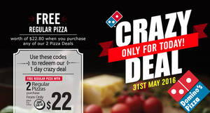 Featured image for Domino’s Pizza Free Reg Pizza w/ min Two Pizzas Order on 31 May 2016