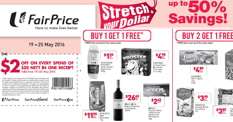 Featured image for Fairprice 1-for-1, Buy-2-Get-1-Free & More from 19 - 25 May 2016