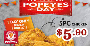 Featured image for (EXPIRED) Popeyes Day $5.90 5pcs Chicken 1-Day Promo on 5 Jun 2016
