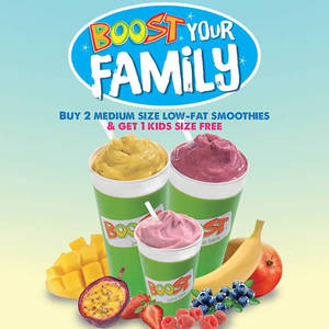 Featured image for Boost Juice Bars Buy 2 Low-Fat Smoothies & Get Kid-Size Smoothie Free from 6 Jun – 3 Jul 2016