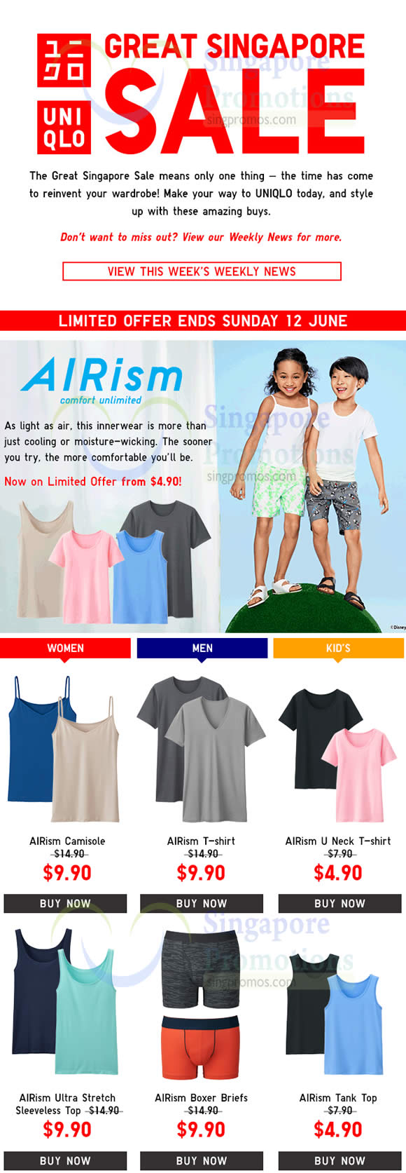 Uniqlo fr $4.90 AIRism Innerwear Weekend Deals for Women, Men & Kids from  10 – 12 Jun 2016