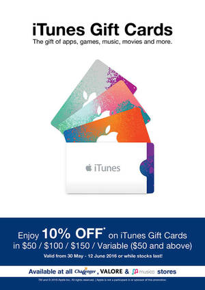 Featured image for iTunes Gift Cards 10% OFF Promotion at Challenger from 30 May – 12 Jun 2016