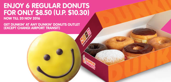 Featured image for Dunkin' Donuts: $8.50 (U.P. $10.30) for 6 Donuts Coupon Deal from 21 Jul - 20 Nov 2016