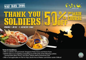 Featured image for Fish & Co 50% Off 2nd Main Course for SAF/11B Holders at 4 Outlets from 1 Jul – 5 Aug 2016