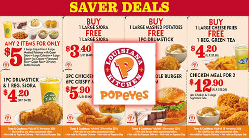 Featured image for Popeyes: Discount Coupon Deals for Dine-in from 26 Sep - 13 Nov 2016