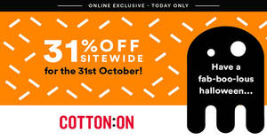 Featured image for Cotton On: 1-Day Sale – 31% OFF Sitewide Men, Women, Kids, Typo, Body & More on 31 Oct 2016