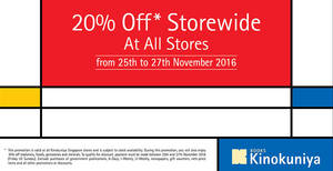 Featured image for Kinokuniya offers 20% off storewide promo at all outlets from 25 – 27 Nov 2016