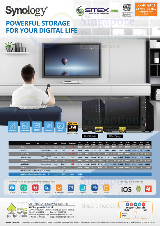 SITEX 2016 ACE Peripherals Synology DS416slim DS416J DS416 DS416play DS415Plus DS916Plus DX513 CCTV License