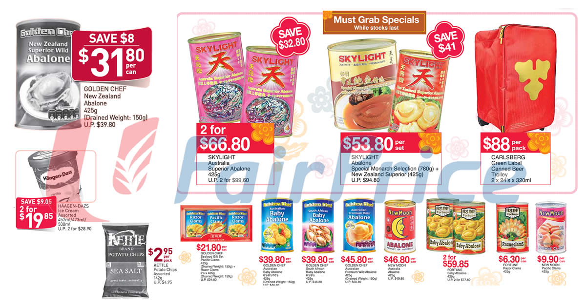 Featured image for Fairprice latest offers features many abalone offers, Haagen-Dazs 2-for-$19.85 & more valid from 29 Dec 2016 - 4 Jan 2017