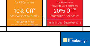 Featured image for Kinokuniya Bookstores offers 10% off storewide for all customers (Thur & Fri) from 15 – 23 Dec 2016