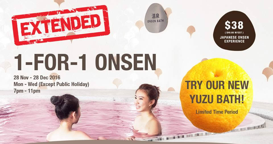 Featured image for Yunomori Onsen & Spa's 1-for-1 promotion is back by popular demand at Kallang Wave (Mon - Wed) from 28 Nov - 28 Dec 2016