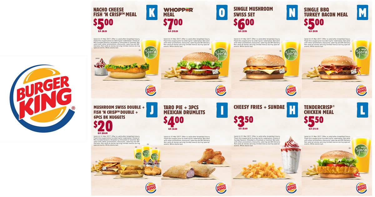 Featured image for Burger King's latest discount coupon deals offers savings of up to $15.05 valid from 4 Feb - 31 Mar 2017