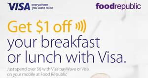 Featured image for (EXPIRED) Food Republic $1 off $6 spend till 2pm daily with Visa mobile payments from 1 – 28 Feb 2017