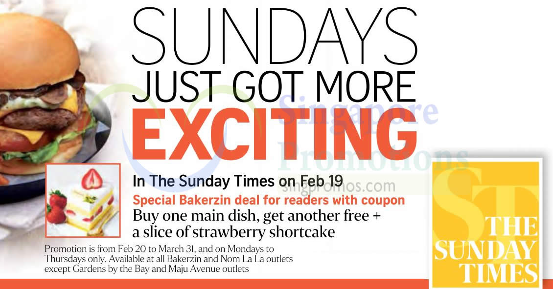 Featured image for Grab the Sunday Times this Sunday & cut-out the Bakerzin 1-for-1 main dish coupon valid up to 31 Mar on 19 Feb 2017