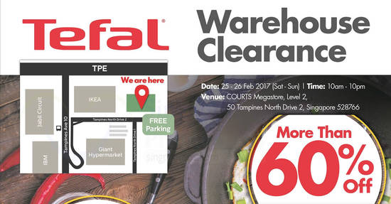 Featured image for Tefal's warehouse clearance offers over 60% savings at Courts Megastore from 25 - 26 Feb 2017