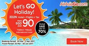 Featured image for (EXPIRED) Air Asia Go offers 3D2N Hotel+Flights+Taxes packages fr $90/pax for travel up to Apr ’17. Book from 20 Mar – 2 Apr 2017