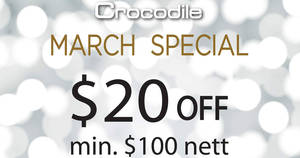 Featured image for (EXPIRED) Crocodile offers up to $40 off with min $100 spend from 4 – 31 Mar 2017