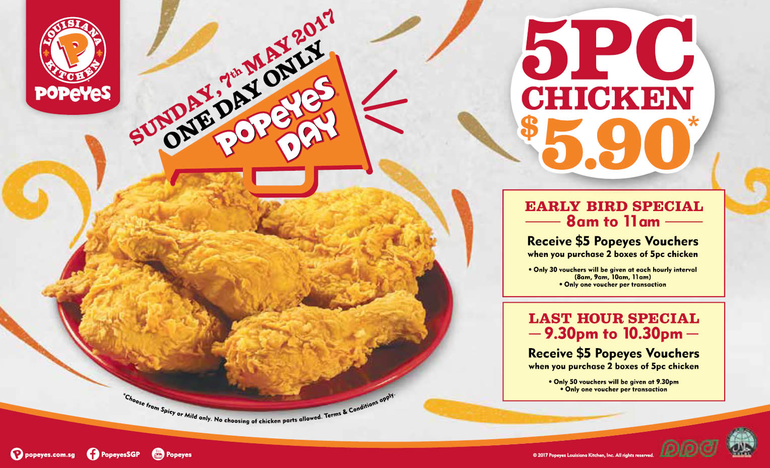 Popeyes 5pcs chicken for $5.90 one-day deal returns on Sunday, 7 May 2017