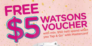 Featured image for (EXPIRED) Watsons: Tap & Go with Mastercard & get a free $5 voucher with min $50 spend from 14 Sep 2018