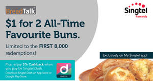 Featured image for Breadtalk: $1 for two All-Time Favourite Buns for Singtel customers! Valid till 12 Oct 2017
