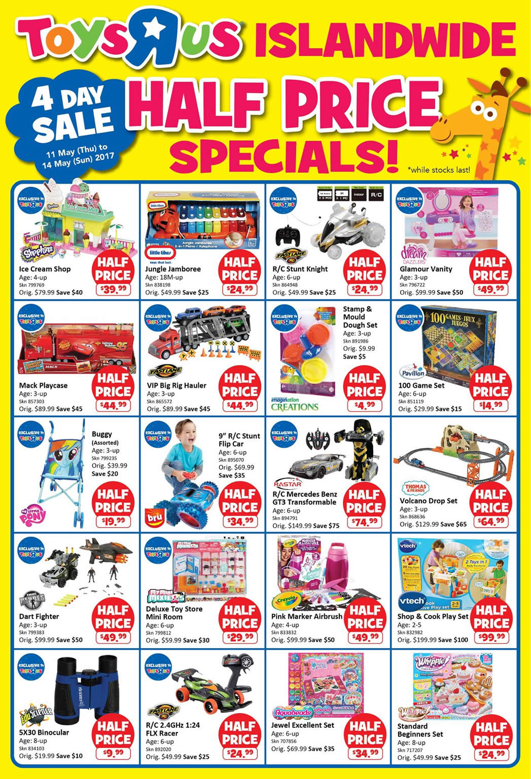 Toys “R” Us Half-Priced specials at ALL stores from 11 – 14 May 2017