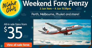 Featured image for (EXPIRED) Jetstar Airways: Weekend Fare Frenzy sale fares fr $35 all-in to over 20 destinations! Book from 2 – 4 Jun 2017