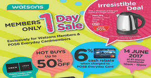 Featured image for (EXPIRED) Watsons: 1-day sale featuring 1-for-1 deals & more for Watsons members & POSB Everyday cardmembers on 14 Jun 2017