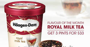 Featured image for (EXPIRED) Haagen-Dazs: $33 for three hand packed pints inclusive of Royal Milk Tea! Till 31 Oct 2017