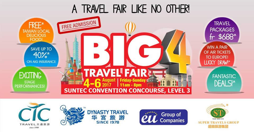 Featured image for BIG 4 Travel Fair 2017 at Suntec from 4 - 6 Aug 2017