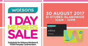 Featured image for (EXPIRED) Watsons: 1-day sale featuring 1-for-1 deals & more for Watsons members & POSB Everyday cardmembers on 30 Aug 2017