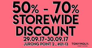 Featured image for (EXPIRED) Tony Moly 50% to 70% off clearance sale at Jurong Point! From 29 – 30 Sep 2017