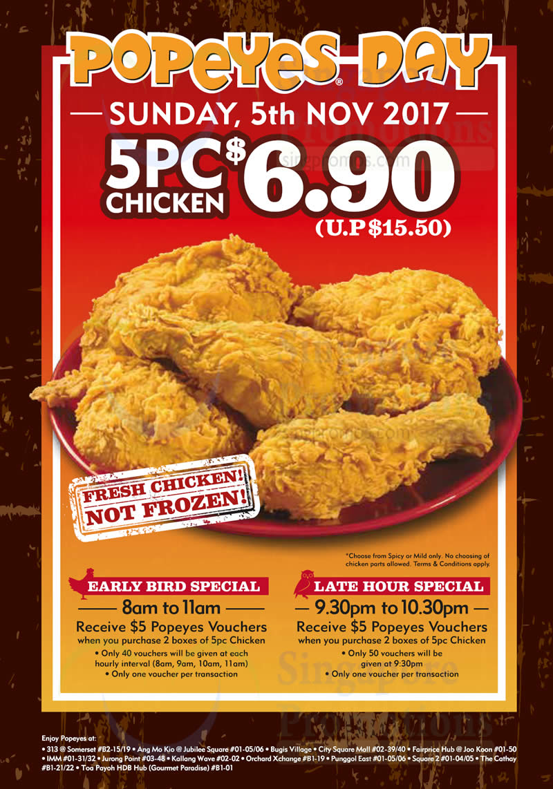 Popeyes: 5pcs chicken for $6.90 (U.P. $15.50) deal to return at ALL