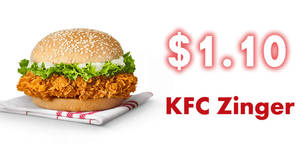 Featured image for (EXPIRED) KFC Delivery: Zinger burger for $1.10 (U.P. $5.30) promo code! Valid from 1 – 11 Nov 2017