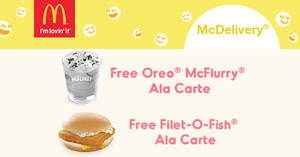 Featured image for (EXPIRED) McDonald’s Mcdelivery: Coupon codes for free Oreo Mcflurry or Filet-O-Fish! Valid till 1 Jan 2018