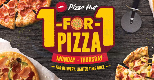 Featured image for Pizza Hut Delivery: 1-FOR-1 pizzas from Mondays to Thursdays! From 13 Nov 2017