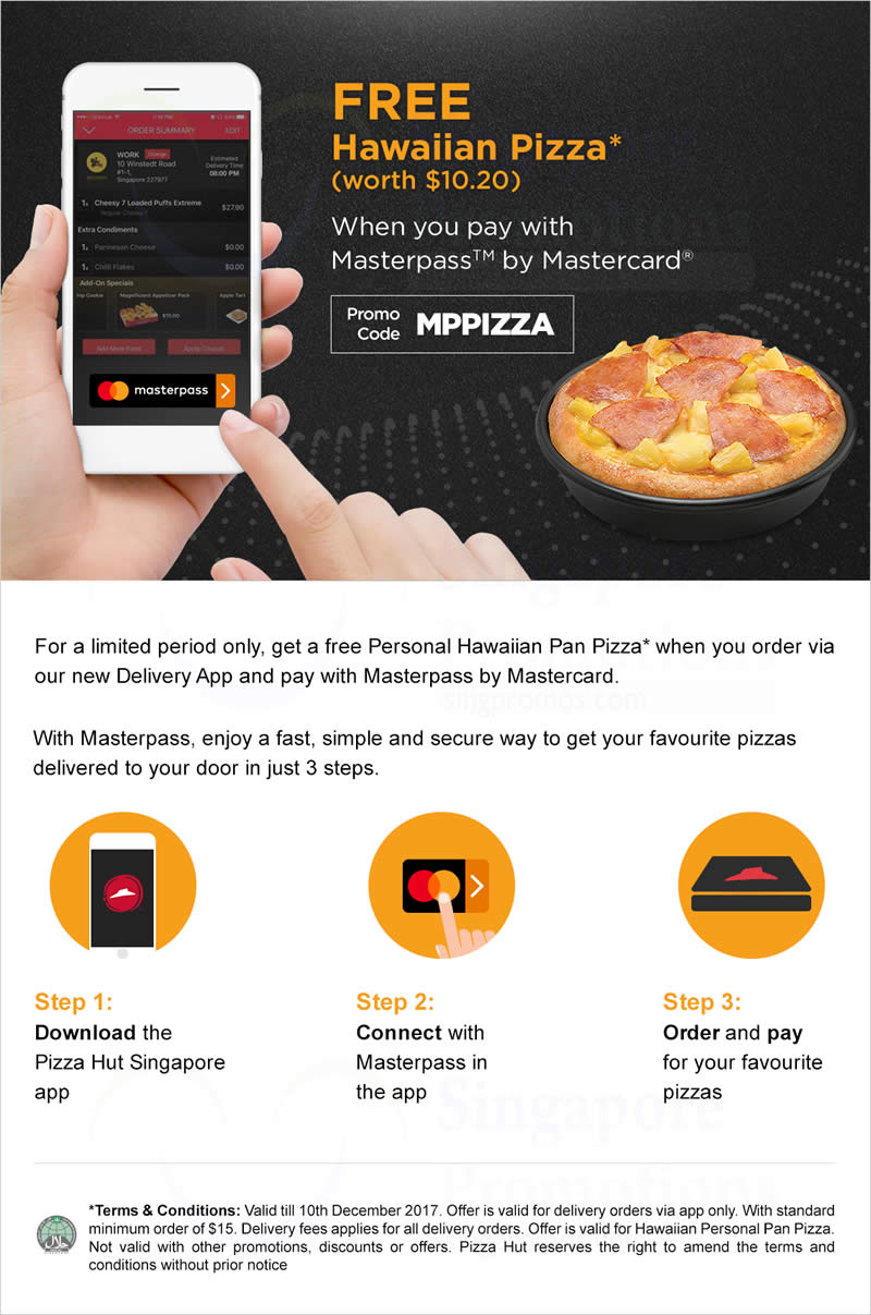 Pizza Hut Delivery: FREE Hawaiian Pizza (worth $10.20) when you pay via Masterpass! Ends 10 Dec 2017