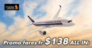 Featured image for Singapore Airlines: Promo fares fr $138 all-in return to over 50 destinations! Book by 31 Dec 2017
