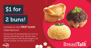 Featured image for Breadtalk: $1 for any two freshly baked buns for Singtel customers! Ends 8 Feb 2018