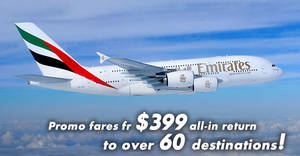 Featured image for (EXPIRED) Emirates: Promo fares fr $399 all-in return to over 60 destinations! Book by 31 Mar 2018