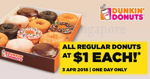 Featured image for (EXPIRED) Dunkin’ Donuts: $1 regular donuts at almost ALL outlets on Tuesday, 3 Apr 2018!
